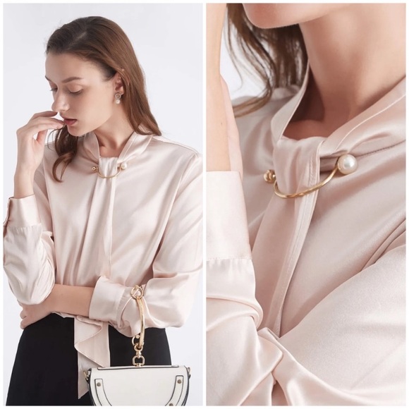 Pale Pink Silk Feminine Stand Collar Blouse Top with Pearl Clip Brooch - Picture 4 of 6